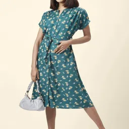 Honey by Pantaloons Teal Blue Floral Print Shirt Dress image 4