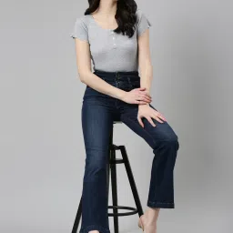 showoffff SHOWOFF Dark Blue Denim Flared Fit Mid Rise Jeans image 4