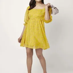 People by Pantaloons Yellow Floral Print A-Line Dress image 4