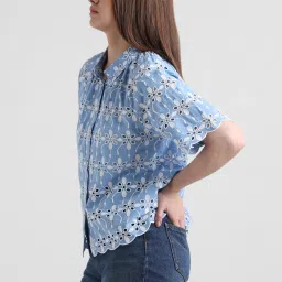 Only Blue & White Cotton Self Design Shirt image 4