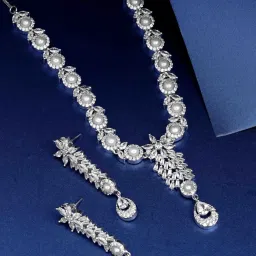 Priyaasi Silver-Plated American Diamond and Pearls Studded Jewellery Set in Floral Pattern image 1