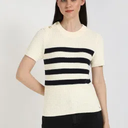 Tommy Hilfiger Beige & Black Cotton Regular Fit Striped Sweater image 1