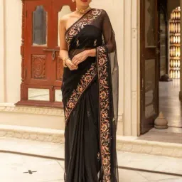 Geroo Jaipur Black Hand Embroidered Chiffon Saree-image-44