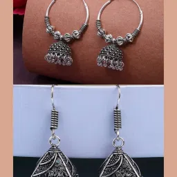 NVR Silver Oxidized Circle Jhumki Earrings Set of 2 image 1