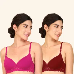 AROUSY Pink & Maroon Cotton Self Pattern T-Shirt Bra - Pack Of 2 image 1