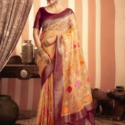 Satrani Yellow Organza Woven Saree With Unstitched Blouse image 1