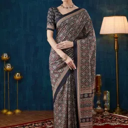 Satrani Black Silk Crepe Printed Saree With Unstitched Blouse image 1