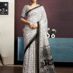 Satrani White Silk Blend Printed Saree With Unstitched Blouse image 1