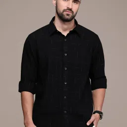 Burnt Umber Black Regular Fit Self Design Shirt image 1