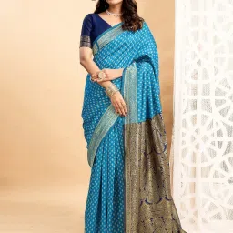 Satrani Blue Silk Blend Woven Saree With Unstitched Blouse image 1