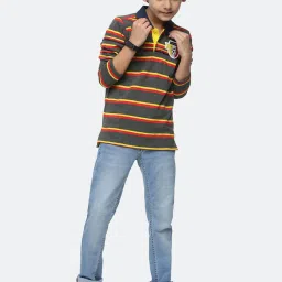 Peter England Kids Grey Striped  Full Sleeves Polo T-Shirt image 4