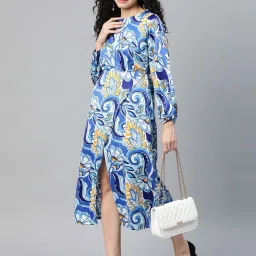 Melon by PlusS Blue Printed A-Line Front Slit Dress image 4