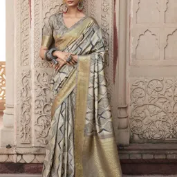 Elora Beige & Grey Silk Woven Saree With Unstitched Blouse image 1