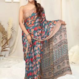 MIRCHI FASHION Blue & Beige Printed Saree With Unstitched Blouse-picture-37