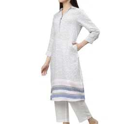 Linen Club Woman White & Grey Linen Striped A Line Kurta image 4