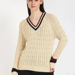 TOMMY HILFIGER Beige Cotton Solid Full Sleeves Sweater image 1