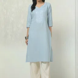 Soch Powder Blue Cotton Regular Fit Embroidered Kurta image 1