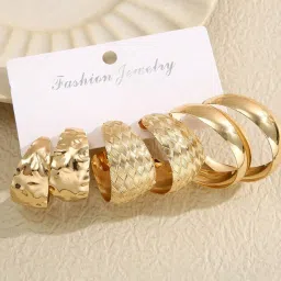 OOMPH Chunky Retro Textured Gold Tone Party Wear Hoop Earrings - Set of 3 image 1