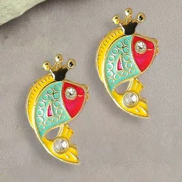 OOMPH Pink & Turquoise Blue Enamel Indo Western Feng Shui Good Luck Fish Design Stud Earrings image 1