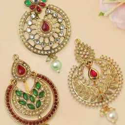 OOMPH Combo of 3 Gold Tone Kundan Hair Bun Pin Juda Pin Ethnic Chandbali Style image 1