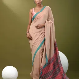 CHARUKRITI Beige Cotton Saree With Unstitched Blouse image 1