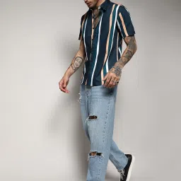 Campus Sutra Blue Cotton Regular Fit Striped Shirt image 4