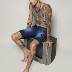 Campus Sutra Navy Blue Regular Fit Distressed Denim Shorts image 4