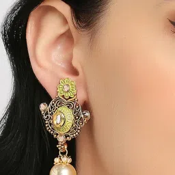 Oomph Meenakari Enamel Kundan & Pearl Ethnic Green Drop Earrings image 4