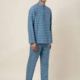 Fabindia Blue Cotton Comfort Fit Striped Lounge set image 4