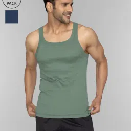 XYXX Olive Green & Midnight Blue Cotton Regular Fit Vests - Pack Of 2-image-22