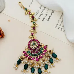 Abdesigns Gold-Tone Plated KempStone Studded And Beaded Temple Maang Tikka Headpiece image 1