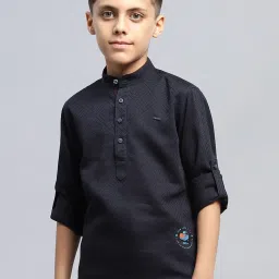 Monte Carlo Boys Navy Blue Self Design Band Neck Pure Cotton Shirt image 1