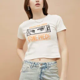 Ginger By Lifestyle Off White Cotton Regular Fit Printed T-Shirt image 1
