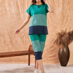 The Kaftan Company Green Cotton Self Design Night Dress image 1