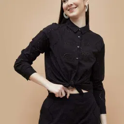 Fame Forever By Lifestyle Black Cotton Regular Fit Self Pattern Shirt image 1