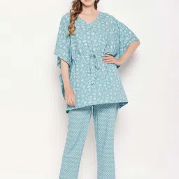Clovia Blue Cotton Regular Fit Printed Top & Pyjama Set image 1