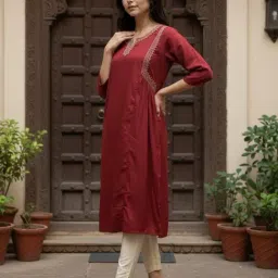Rangita Maroon Embroidered Three-Quarter Sleeves Kurta image 3