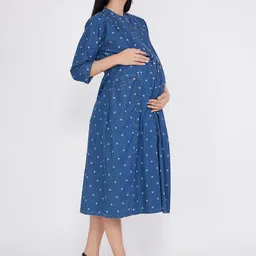 CEFALU Print Denim Maternity A-Line Midi Dress image 2