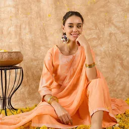 Indo Era Ethnic Motifs Printed Straight Liva Kurta with Trousers & Dupatta image 2