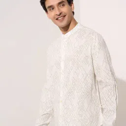 Indus Route By Pantaloons Off White Cotton Regular Fit Printed Shirt image 3
