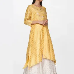 Global Desi Mustard Floral Print High Low Kurta image 3