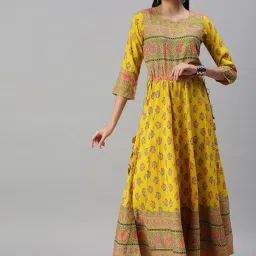 showoffff SHOWOFF Yellow Cotton Printed Calf Length Anarkali Kurta image 1