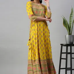 showoffff SHOWOFF Yellow Cotton Printed Calf Length Anarkali Kurta image 4