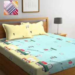 Klotthe Printed Yellow 210 TC Cotton Blend King 2 Bed Sheets with 4 Pillow Covers-image-57