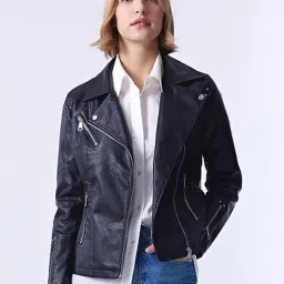 Cover Story Black Regular Fit Biker Jacket-image-21