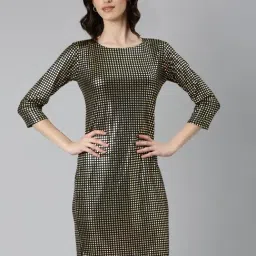 SHOWOFFFF Gold Knitted Checks A Line Dress image 2
