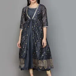 Melange by Lifestyle Navy & Beige Embroidered Kurta Pant Set With Jacket-image-3