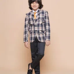 AJ Dezines Full Sleeves Plaid Checked Shawl Collared 5 Piece Suit Set - Beige & Blue-picture-20