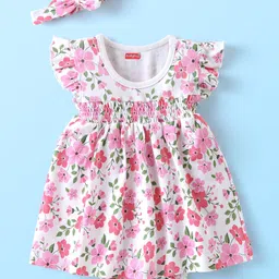 Babyhug 100% Cotton Knit Sleeveless Onesies with Hair Band Floral Print - Multicolor-picture-18