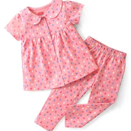 Babyhug Cotton Knit Single Jersey Half Sleeves Night Suit With Polka Dots Print - Pink-picture-28